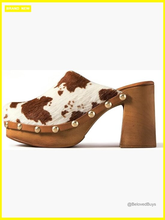 Shoes - Women Platform Clogs Mules High Heel Cork Slip On Studded Round Closed Toe